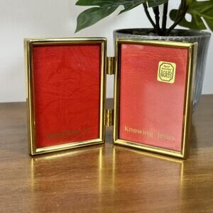 Vintage Cross Solid Brass Hinged Double Photo Frame "Happiness Is Knowing Jesus"